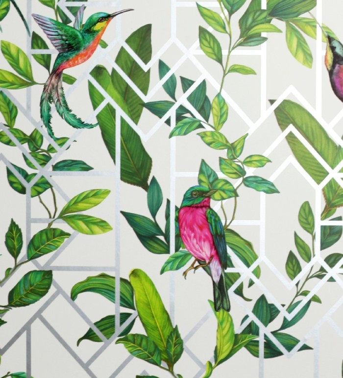 Papel pintado loros y hojas sobre celosía estilo tropical - Jungle Mirror 126317