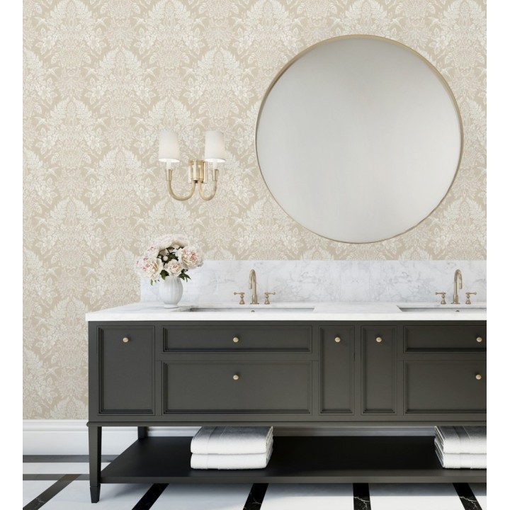 Papel pintado damasco artístico con flores y pájaros fondo beige - Charlotte Heritage 683660