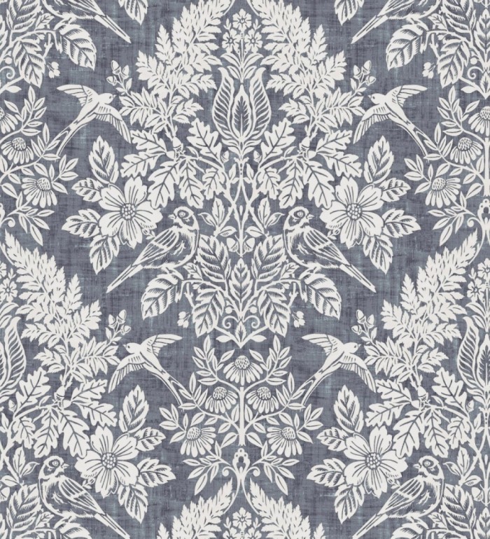 Papel pintado damasco artístico con flores y pájaros fondo gris plomo azulado - Charlotte Heritage 683661
