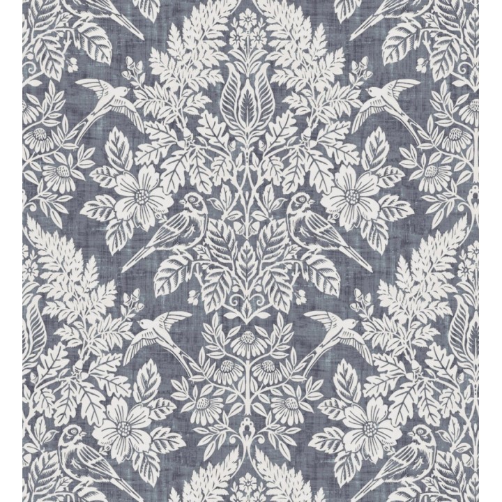 Papel pintado damasco artístico con flores y pájaros fondo gris plomo azulado - Charlotte Heritage 683661