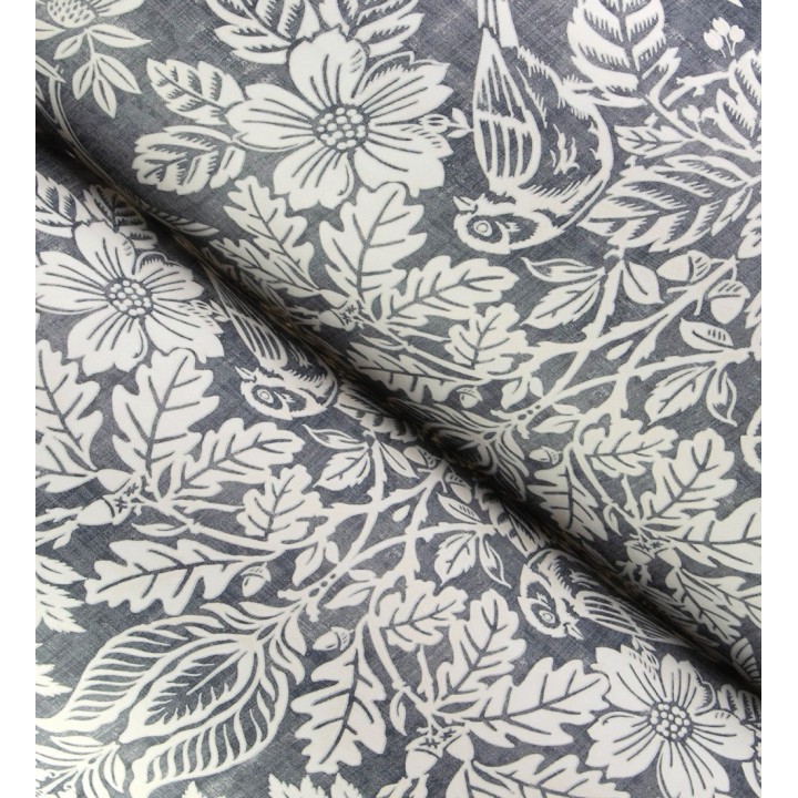 Papel pintado damasco artístico con flores y pájaros fondo gris plomo azulado - Charlotte Heritage 683661