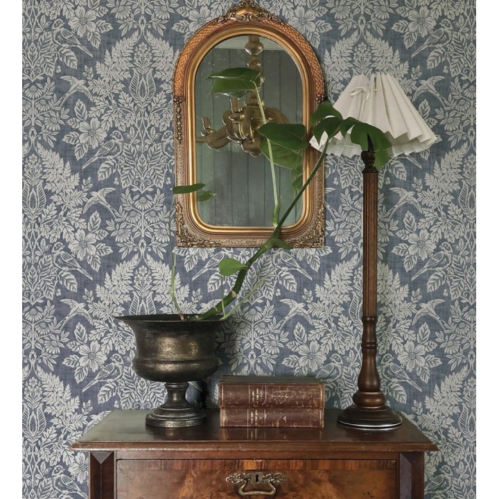 Papel pintado damasco artístico con flores y pájaros fondo gris plomo azulado - Charlotte Heritage 683661