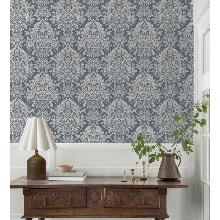 Papel pintado damasco artístico con flores y pájaros fondo gris plomo azulado - Charlotte Heritage 683661