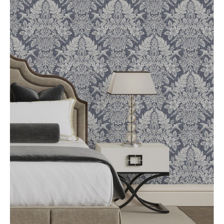 Papel pintado damasco artístico con flores y pájaros fondo gris plomo azulado - Charlotte Heritage 683661