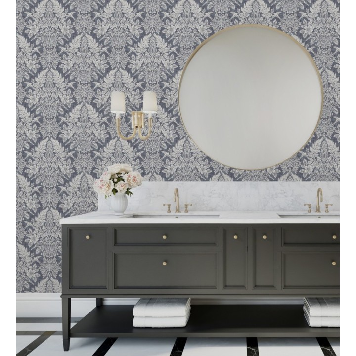 Papel pintado damasco artístico con flores y pájaros fondo gris plomo azulado - Charlotte Heritage 683661