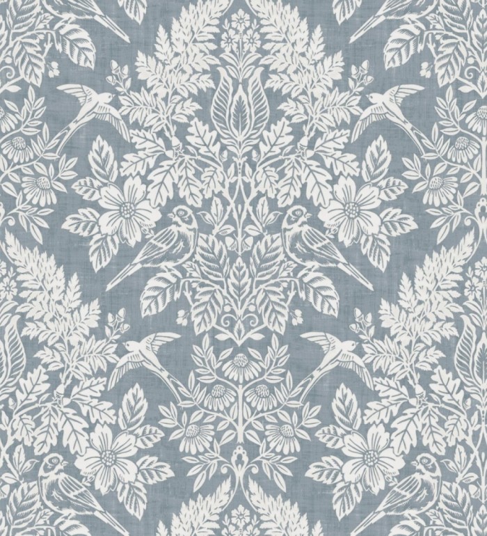 Papel pintado damasco artístico con flores y pájaros fondo azul glaciar - Charlotte Heritage 683662