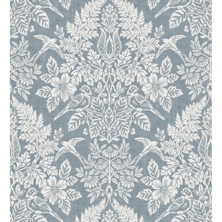 Papel pintado damasco artístico con flores y pájaros fondo azul glaciar - Charlotte Heritage 683662