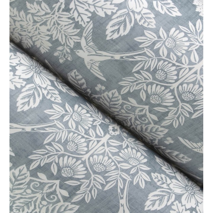 Papel pintado damasco artístico con flores y pájaros fondo azul glaciar - Charlotte Heritage 683662
