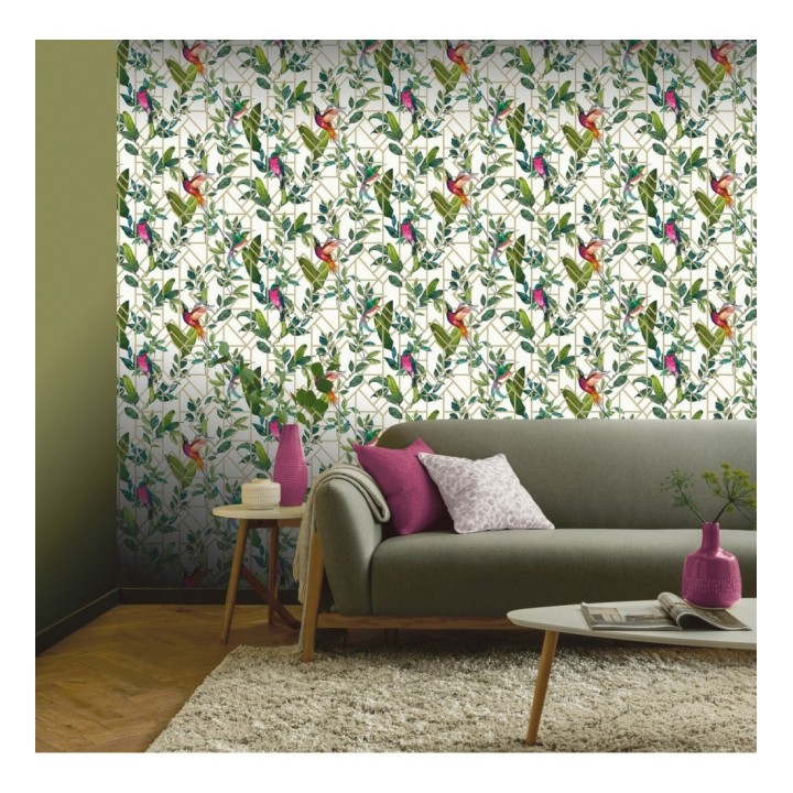 Papel pintado loros y hojas sobre celosía estilo tropical - Jungle Mirror 126317