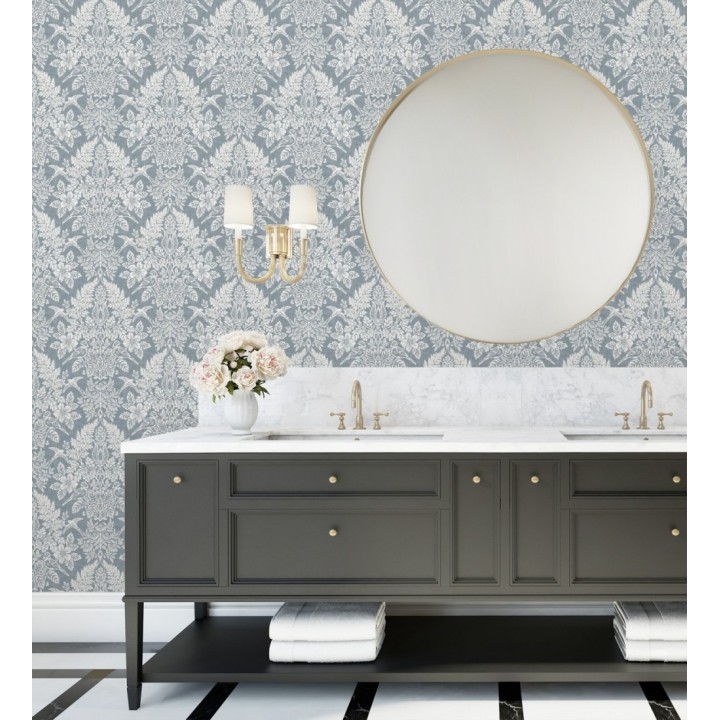 Papel pintado damasco artístico con flores y pájaros fondo azul glaciar - Charlotte Heritage 683662