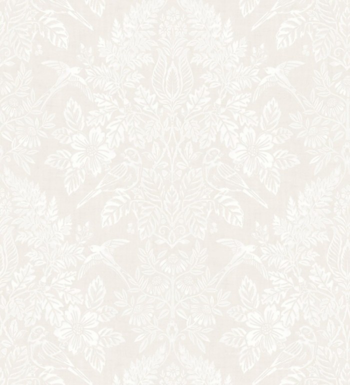 Papel pintado damasco artístico con flores y pájaros fondo nácar blanco - Charlotte Heritage 683663