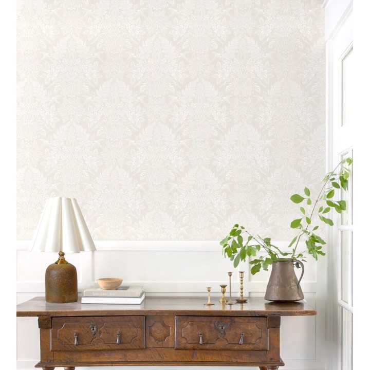 Papel pintado damasco artístico con flores y pájaros fondo nácar blanco - Charlotte Heritage 683663