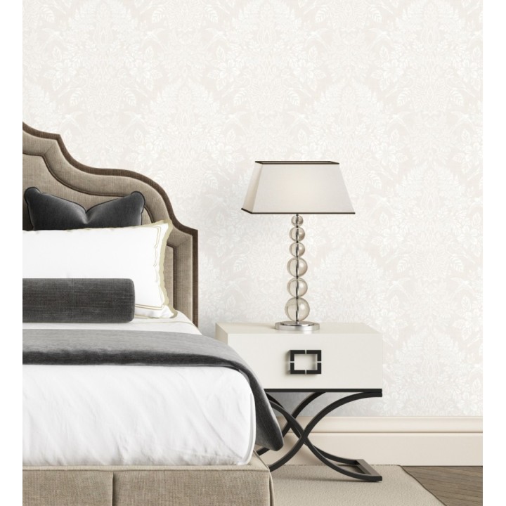 Papel pintado damasco artístico con flores y pájaros fondo nácar blanco - Charlotte Heritage 683663