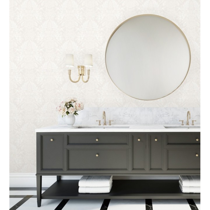 Papel pintado damasco artístico con flores y pájaros fondo nácar blanco - Charlotte Heritage 683663