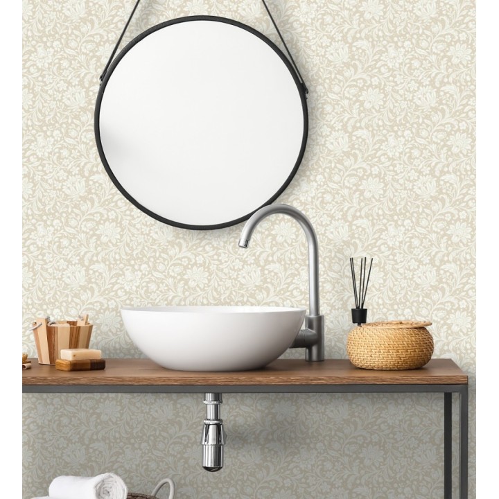 Papel pintado floral con hojas estilo vintage fondo beige - Waverly Ornate 683664