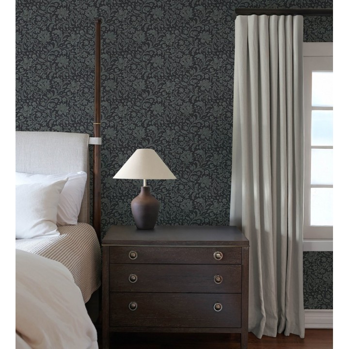 Papel pintado floral con hojas estilo vintage fondo azul oscuro - Waverly Ornate 683665