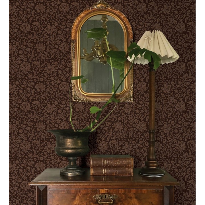 Papel pintado floral con hojas estilo vintage fondo rojo burdeos - Waverly Ornate 683666