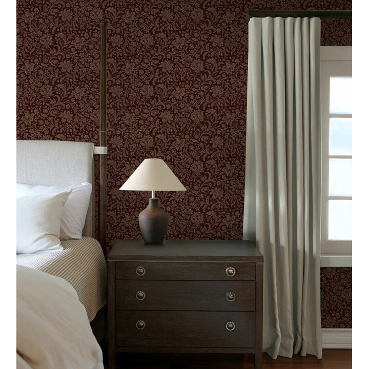 Papel pintado floral con hojas estilo vintage fondo rojo burdeos - Waverly Ornate 683666