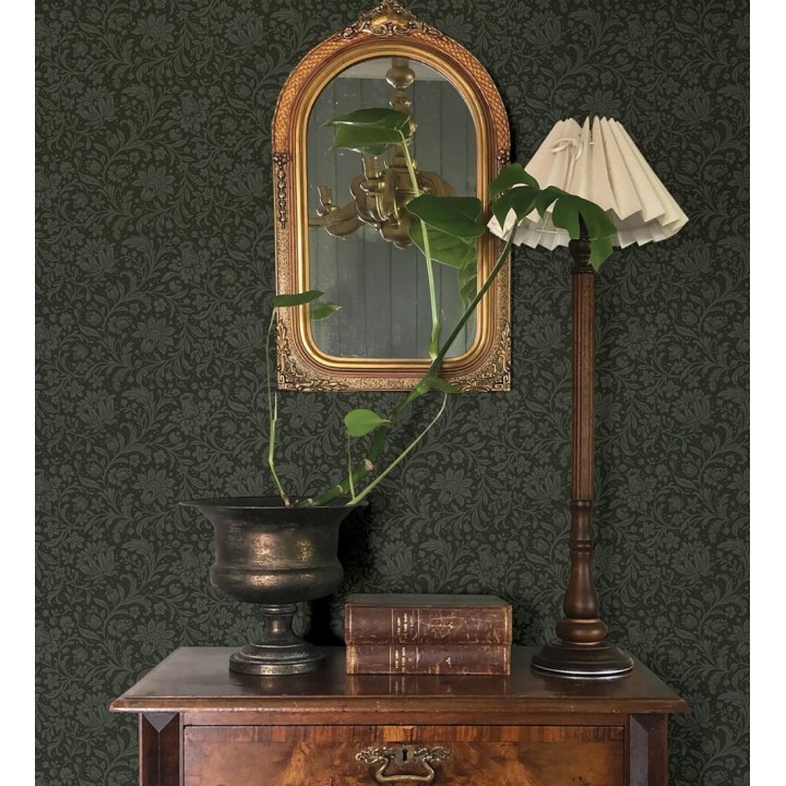 Papel pintado floral con hojas estilo vintage fondo verde oscuro - Waverly Ornate 683667