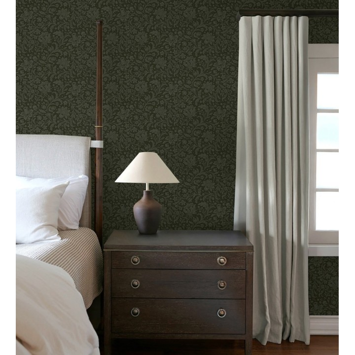 Papel pintado floral con hojas estilo vintage fondo verde oscuro - Waverly Ornate 683667