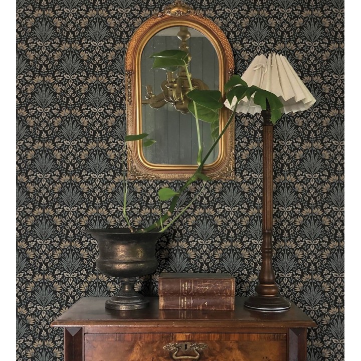 Papel pintado damasco botánico verde salvia y fondo negro - Scott Morrisian 683669