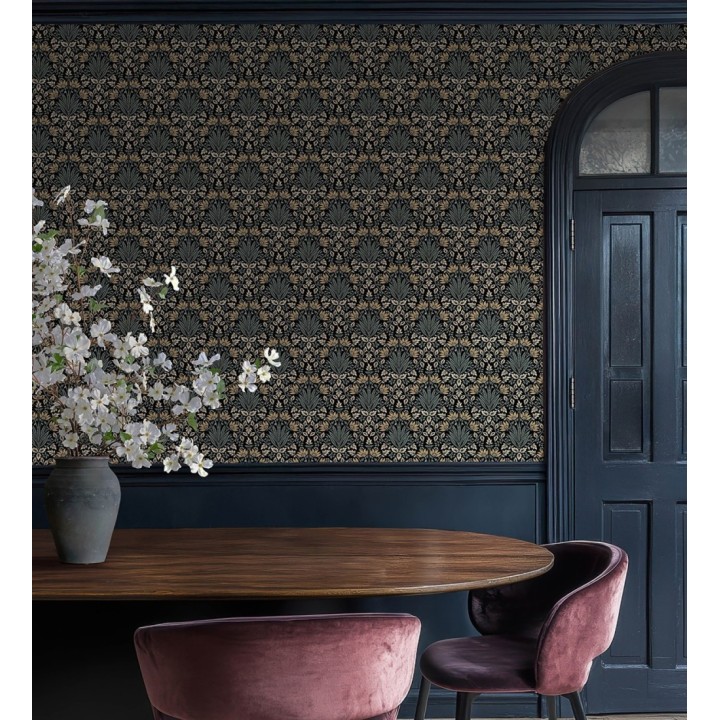 Papel pintado damasco botánico verde salvia y fondo negro - Scott Morrisian 683669