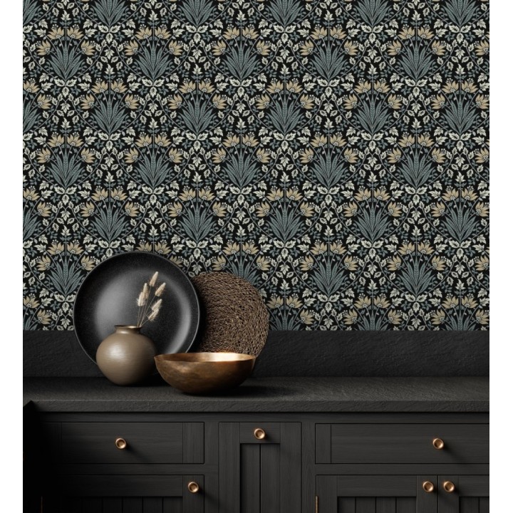 Papel pintado damasco botánico verde salvia y fondo negro - Scott Morrisian 683669