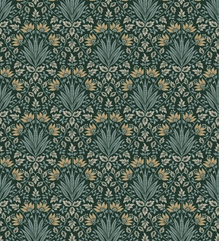 Papel pintado damasco botánico verde bosque y ocre - Scott Morrisian 683670