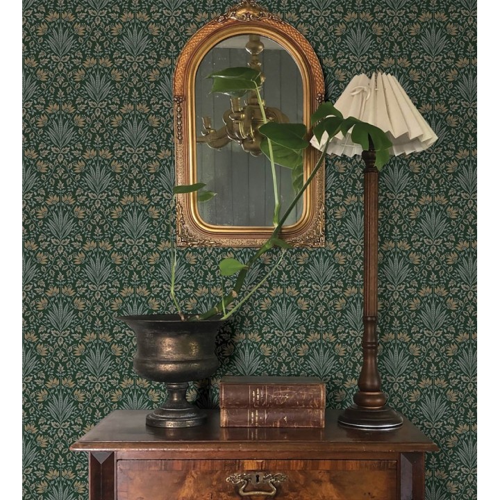 Papel pintado damasco botánico verde bosque y ocre - Scott Morrisian 683670