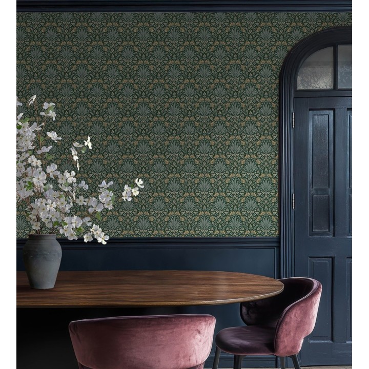 Papel pintado damasco botánico verde bosque y ocre - Scott Morrisian 683670