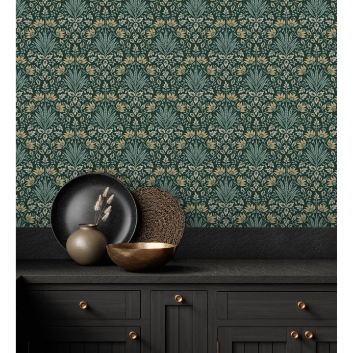 Papel pintado damasco botánico verde bosque y ocre - Scott Morrisian 683670