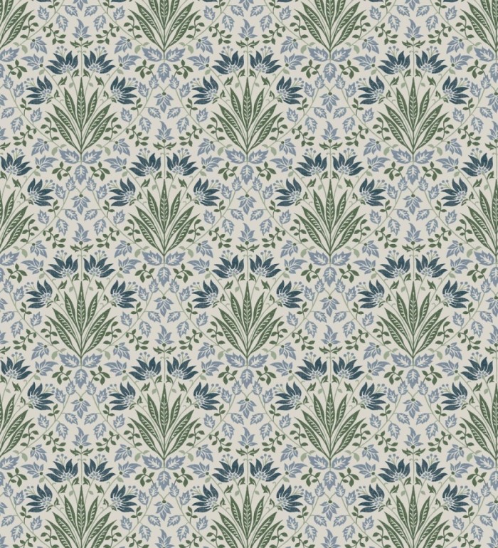 Papel pintado damasco botánico verde y azul - Scott Morrisian 683671