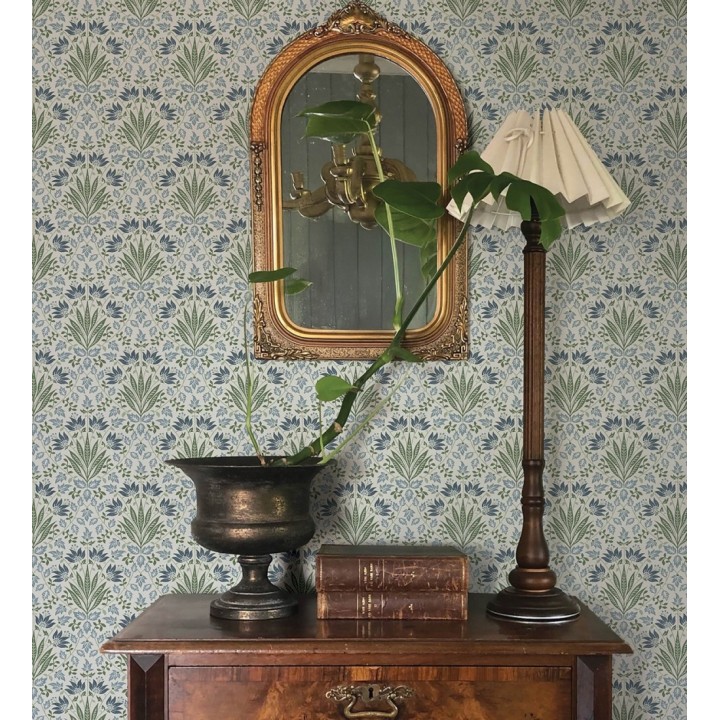 Papel pintado damasco botánico verde y azul - Scott Morrisian 683671
