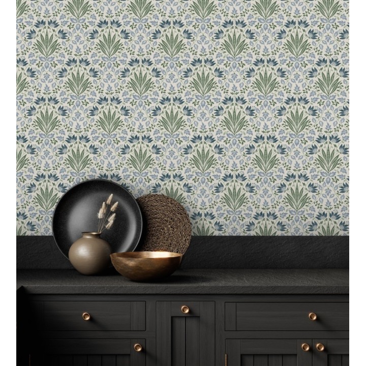 Papel pintado damasco botánico verde y azul - Scott Morrisian 683671