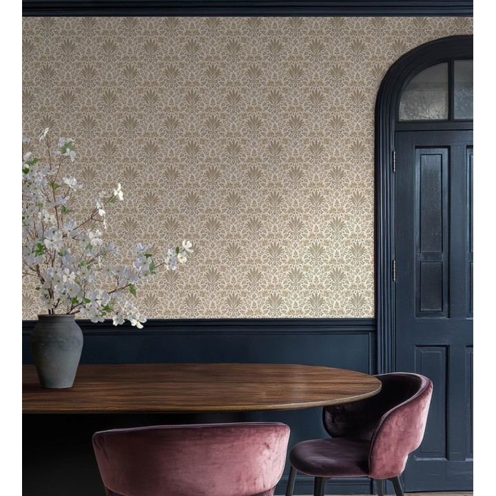 Papel pintado damasco botánico ocre fondo beige claro - Scott Morrisian 683672