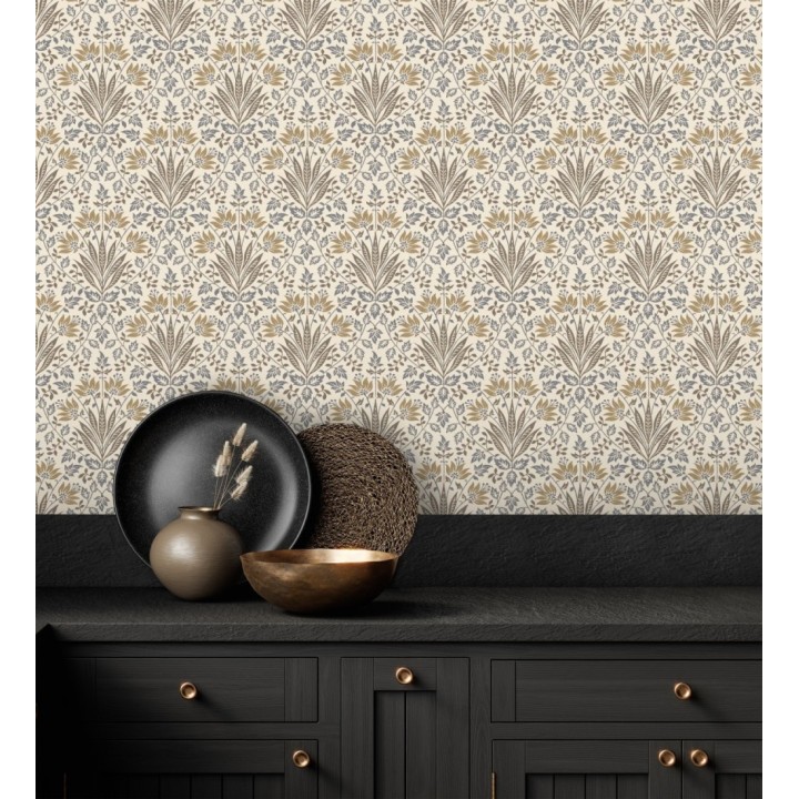 Papel pintado damasco botánico ocre fondo beige claro - Scott Morrisian 683672