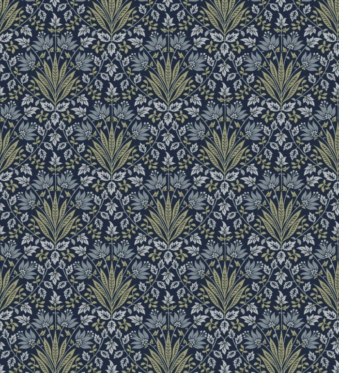 Papel pintado damasco botánico verde y fondo azul oscuro - Scott Morrisian 683673