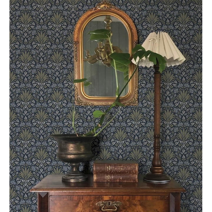 Papel pintado damasco botánico verde y fondo azul oscuro - Scott Morrisian 683673
