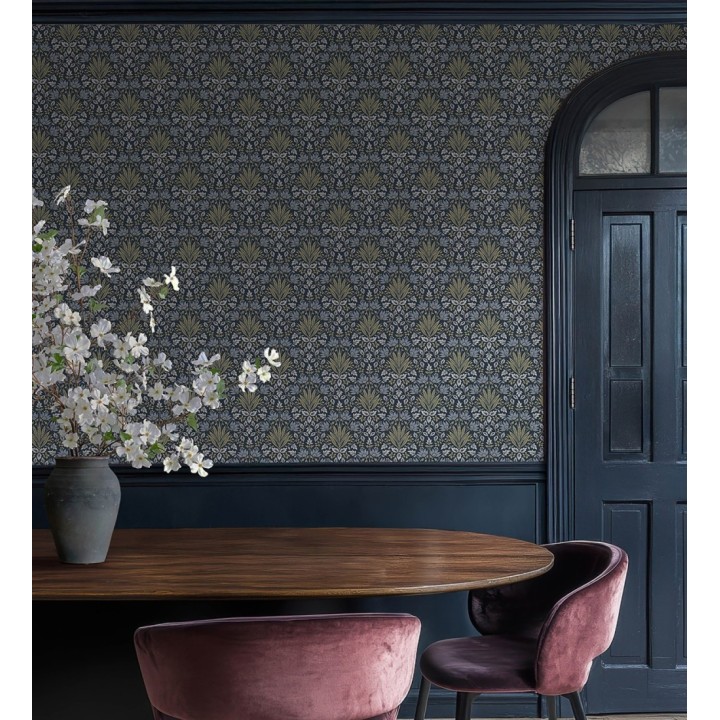Papel pintado damasco botánico verde y fondo azul oscuro - Scott Morrisian 683673