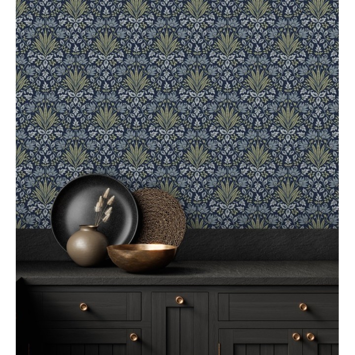 Papel pintado damasco botánico verde y fondo azul oscuro - Scott Morrisian 683673