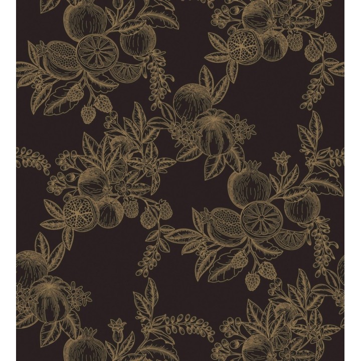 Papel pintado de frutos y hojas oro fondo negro - Sicily Pomm 683674