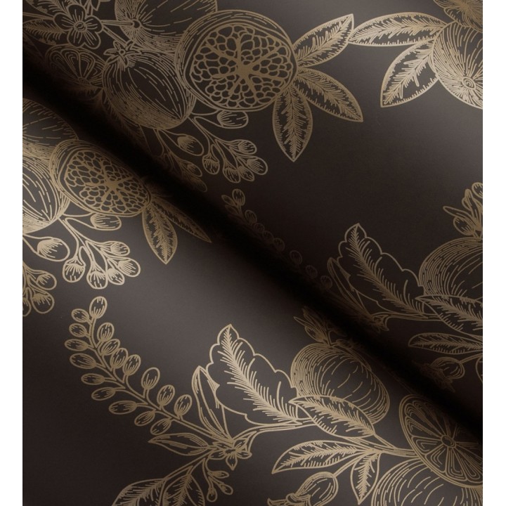 Papel pintado de frutos y hojas oro fondo negro - Sicily Pomm 683674