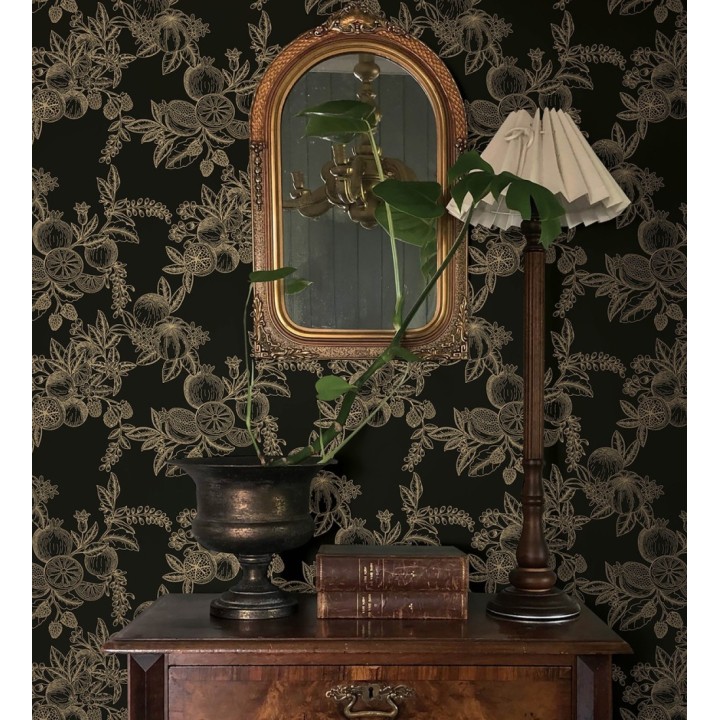 Papel pintado de frutos y hojas oro fondo negro - Sicily Pomm 683674