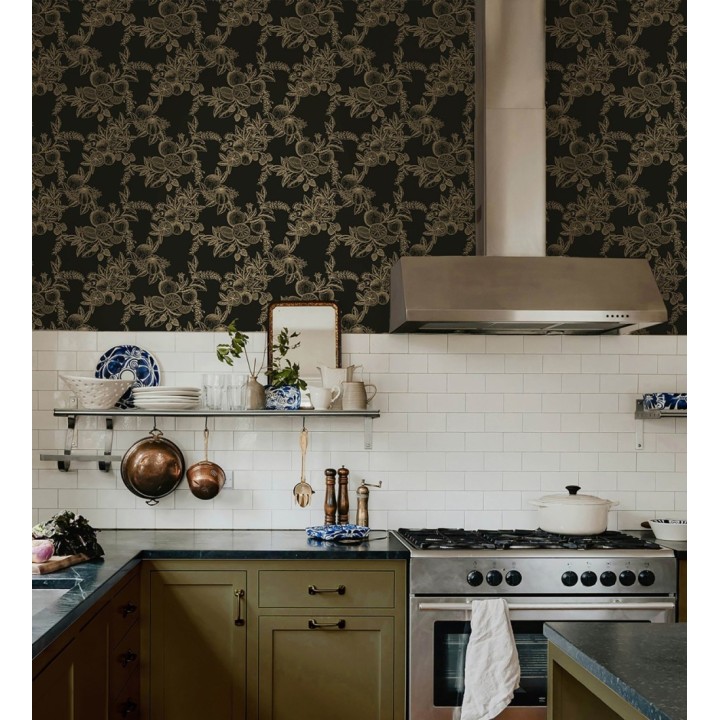 Papel pintado de frutos y hojas oro fondo negro - Sicily Pomm 683674