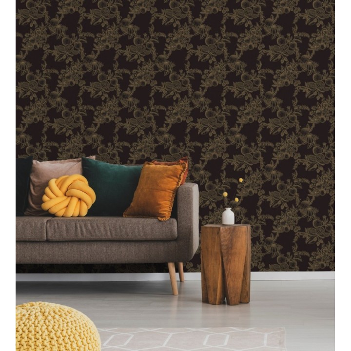 Papel pintado de frutos y hojas oro fondo negro - Sicily Pomm 683674