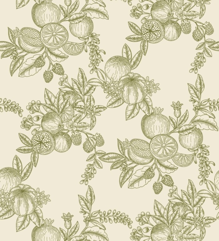 Papel pintado de frutos y hojas color verde fondo crema  - Sicily Pomm 683675
