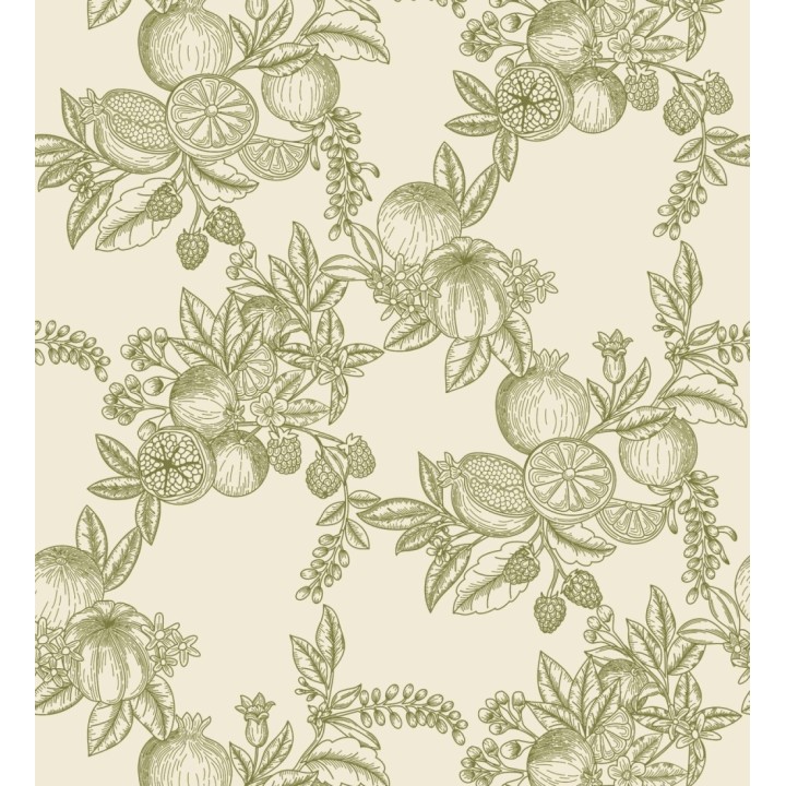 Papel pintado de frutos y hojas color verde fondo crema  - Sicily Pomm 683675