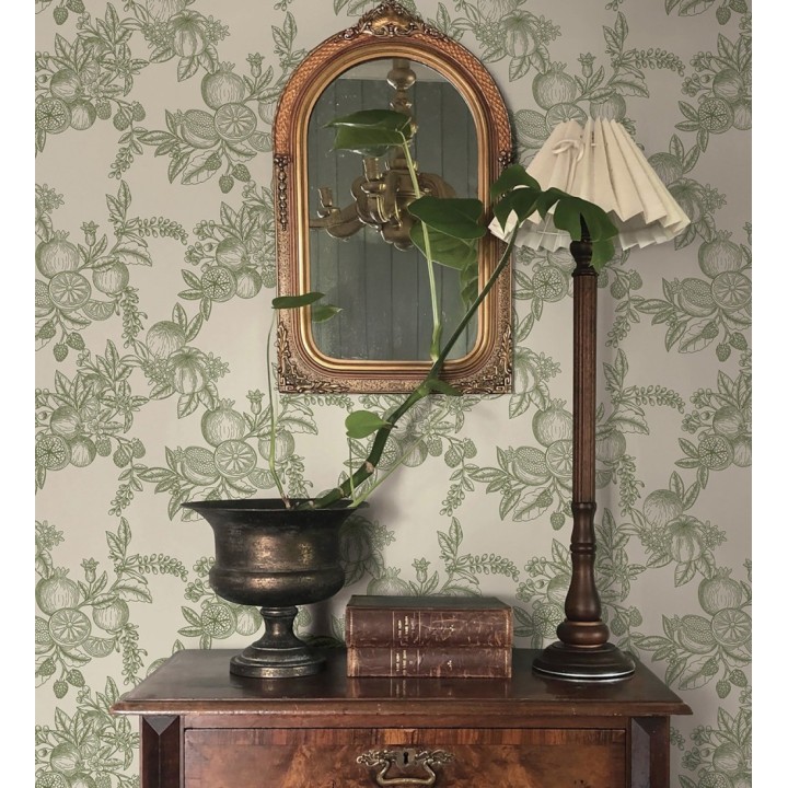 Papel pintado de frutos y hojas color verde fondo crema  - Sicily Pomm 683675