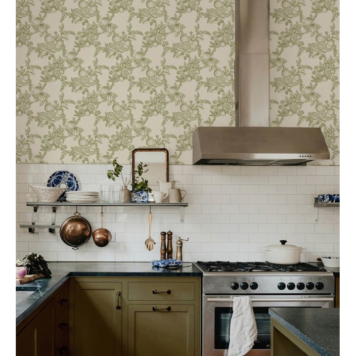Papel pintado de frutos y hojas color verde fondo crema  - Sicily Pomm 683675