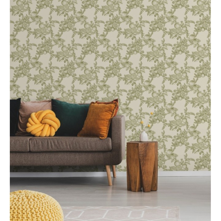 Papel pintado de frutos y hojas color verde fondo crema  - Sicily Pomm 683675